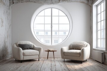 Two armchairs flank a circular window in a minimalist room.