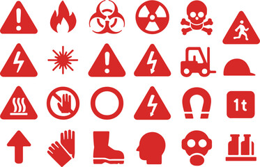  Industrial Safety Icon Set, Hazard Label Silhouettes, High Voltage Flammable Explosive Toxic Corrosive Radioactive Laser Magnetic Vector Illustration