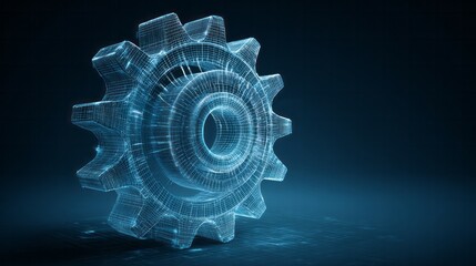 Blue digital wireframe gear rotates in cyberspace.