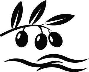 Stylized black olive branch with three olives above wavy lines