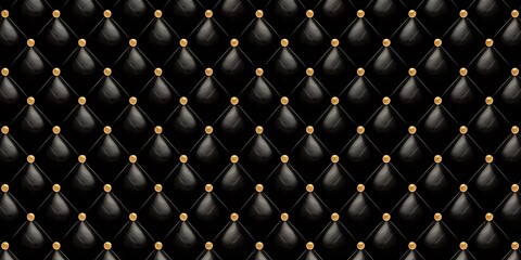 Dark black tufted leather pattern with gold button details texture background