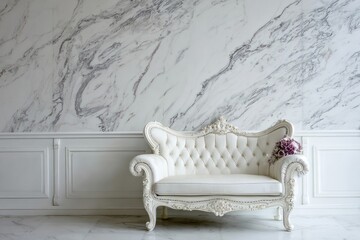 Ornate white sofa sits against a marble wall with decorative molding.