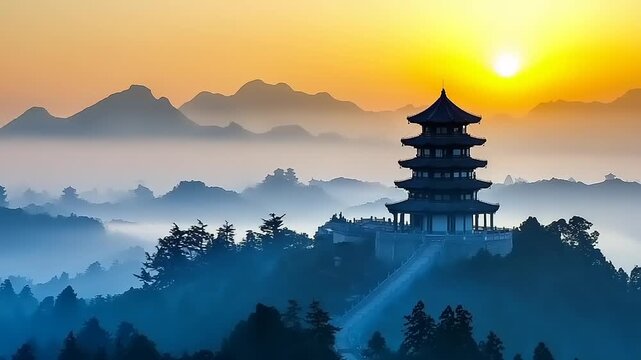 Multi-tiered pavilion atop misty mountain at sunrise