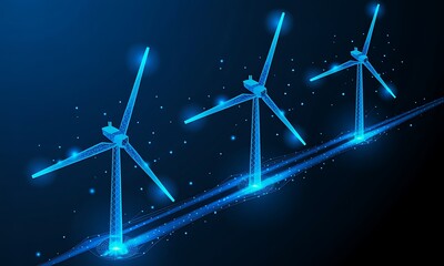 Futuristic Blue Wireframe Wind Turbines Generating Energy on a Dark Digital Landscape abstract Modern Digital Business Concept