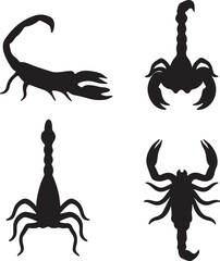 Scorpion silhouette icons set side, front, back, and top views vector art illustration