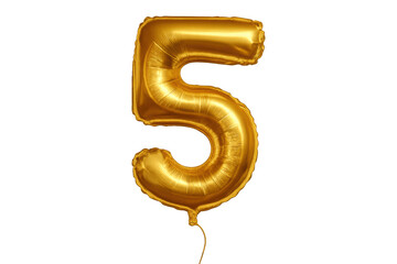 Number 5 gold foil balloon celebrating birthday anniversary event, isolated on transparent background