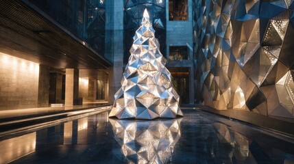 A futuristic Christmas tree made of polished chrome and holographic light, geometric patterns, set in a sleek sci-fi lobby