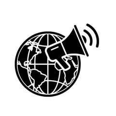 A simple icon representing the concept of global communication and worldwide announcements with a megaphone over a planet earth symbol