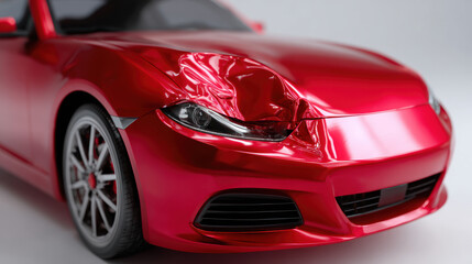 Fototapeta premium Stressful car accident requiring an insurance claim and repair estimate. Frustrating front end damage on red car after collision shows broken and dented vehicle