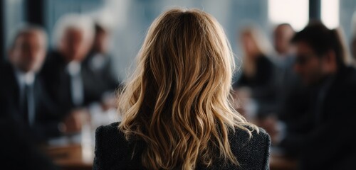 Back view of a woman with wavy hair leading a business meeting in a modern conference room