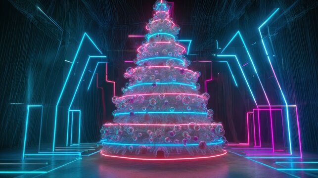 A futuristic Christmas tree with holographic decorations and glowing neon colors - Powered by Adobe