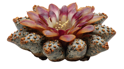 Astrophytum asterias cactus flower blooms in vibrant shades of purple orange and white against a stark in a botanical close up