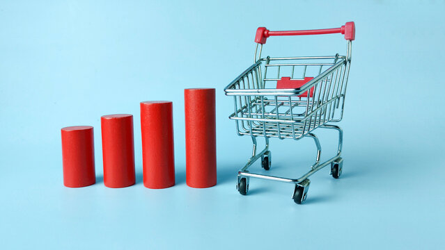 Rising Consumer Costs and Retail Inflation Concept: Shopping Cart Next to an Increasing Red Bar Chart