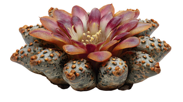Astrophytum asterias cactus flower blooms in vibrant shades of purple orange and white against a stark in a botanical close up