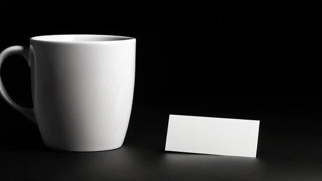 Blank white ceramic mug and rectangular card mockup against dark background
