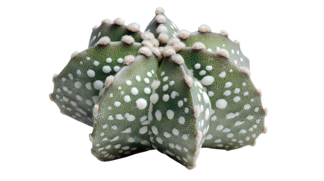 Astrophytum ornatum cactus with white spots and ribs against a showcasing its unique texture and geometric shape in detail