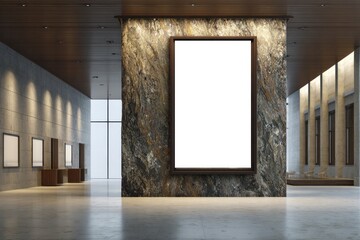 Illuminated display hangs on textured stone wall in modern interior hall.