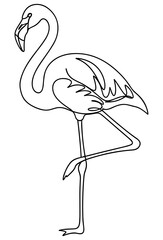 Flamingo illustration, black line drawing of elegant bird standing on one leg with curved neck and stylized feathers on white