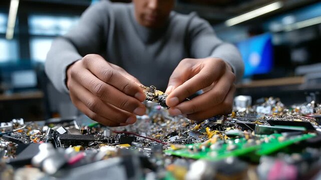 Anonymous sorter's hands separating components with blurred torso and focused obsolete electronics mass, with copy space