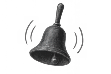 Handbell ringing sound or alarm notification in black and white drawing style depicting an alert or important message