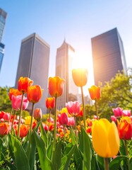 Urban garden tulips against a sunny skyscraper view
