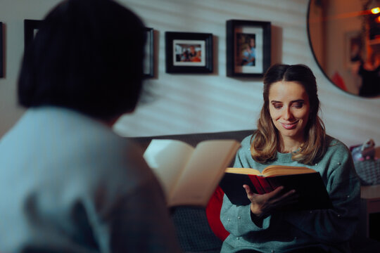Women Reading a Novel Participating in a Book Club. Daughter visiting her elderly mother talking about books
