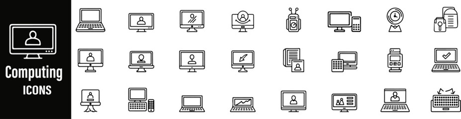 Computing line icons set. Computing line bold black icons set with technology, data, and hardware symbols. Perfect for IT services, software, and digital projects.