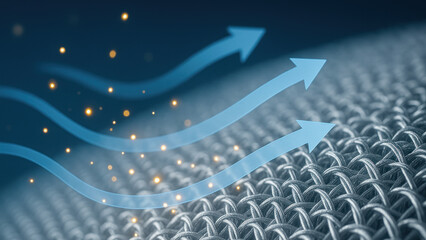 Industrial smart air filtration system shown as breathable fabric with upward arrows and floating particles conveying clean flow and efficiency