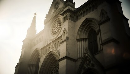Sunlit Gothic Cathedral Facade with Intricate Architectural Details and Rose Window Bathed in Warm, Ethereal Light