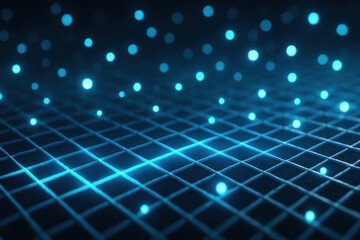 Industrial smart air filtration system in abstract digital grid with glowing blue particles creating futuristic atmosphere and subtle motion blur evoking clean technology and innovation