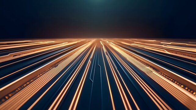 The image showcases a futuristic abstract design with parallel bright orange lines radiating from a dark horizon, on a textured dark grey base, creating a sense of depth and speed.