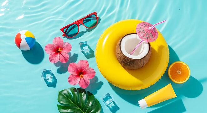 Summer vacation essentials arranged on a vibrant blue background, featuring a coconut drink, sunglasses, and tropical flowers for a beach getaway