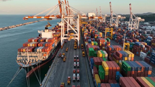 A large cargo ship docks at a bustling port Numerous towering cranes operate alongside rows of stacked colorful containers with vehicles on the pier and water in the foreground