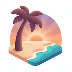 A serene tropical beach scene with a palm tree, gentle waves, and a radiant sunset, isolated on white background