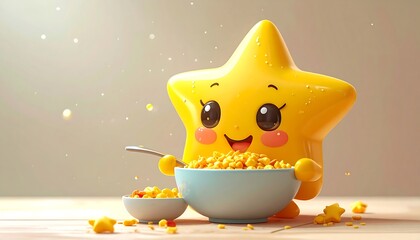 Cheerful cartoon star enjoying a bowl of cereal with a spoon