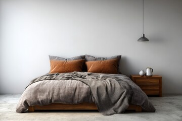 Cozy bedroom with a wooden bed and warm-toned pillows.