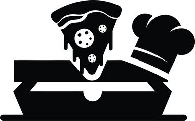 Chef hat pizza slice emerging from pizza box silhouette