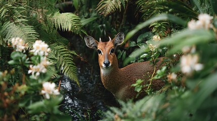A small antelope with tiny horns surrounded by lush green foliage and white flowers in nature
