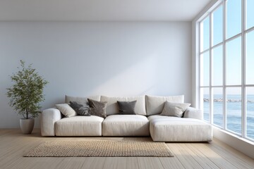 A modern living room features a plush sectional sofa near a large window overlooking the ocean.