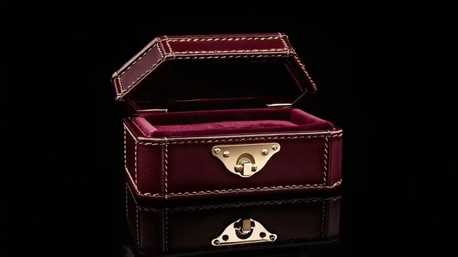 Ornate burgundy leather box with open lid against black background
