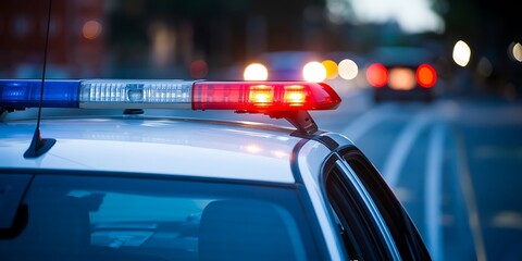 Police Car Light Bar Flashing Red and Blue Lights at Night on City Street 