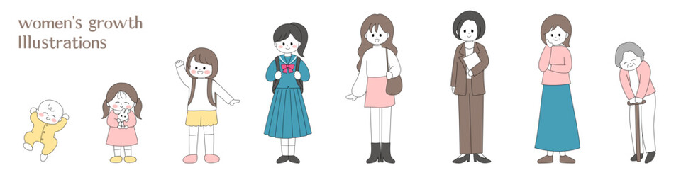 女性の生誕から高齢期までを描いた優しいカラーの人物イラストセット