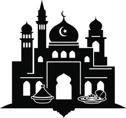 Silhouette of a grand mosque with crescent moon and stars