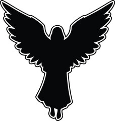 Vector angel silhouette with wings spread black and white illustration