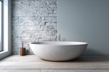 Modern bathroom with stone wall and freestanding tub.