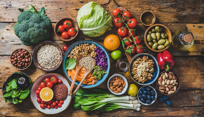 High-quality 4K realistic image celebrating World Vegan Day with colorful plant-based foods, fresh vegetables, fruits, grains, and nuts on rustic table, promoting healthy sustainable lifestyle.