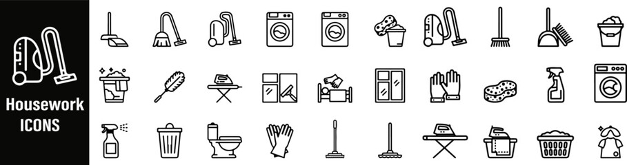 Housework line icons set. Housework line bold black icons set showing cleaning, washing, and home maintenance symbols. Ideal for household apps, services, and infographics.