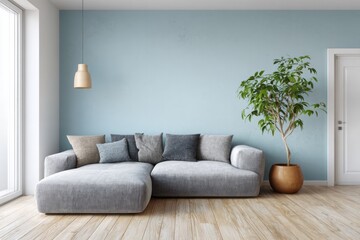 Modern sectional sofa with pillows sits near a houseplant and window.
