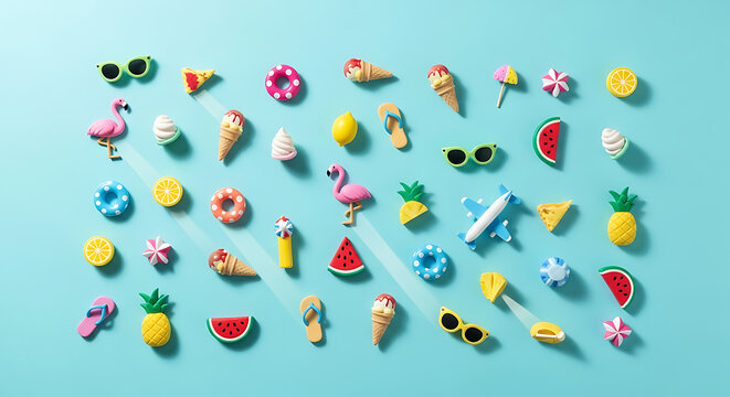 Summer pattern with miniature beach accessories on blue background creative arrangement of vacation elements flat lay, top view - Powered by Adobe