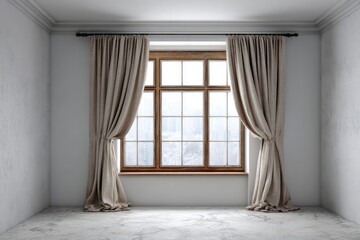Large window with curtains in a minimalist room.